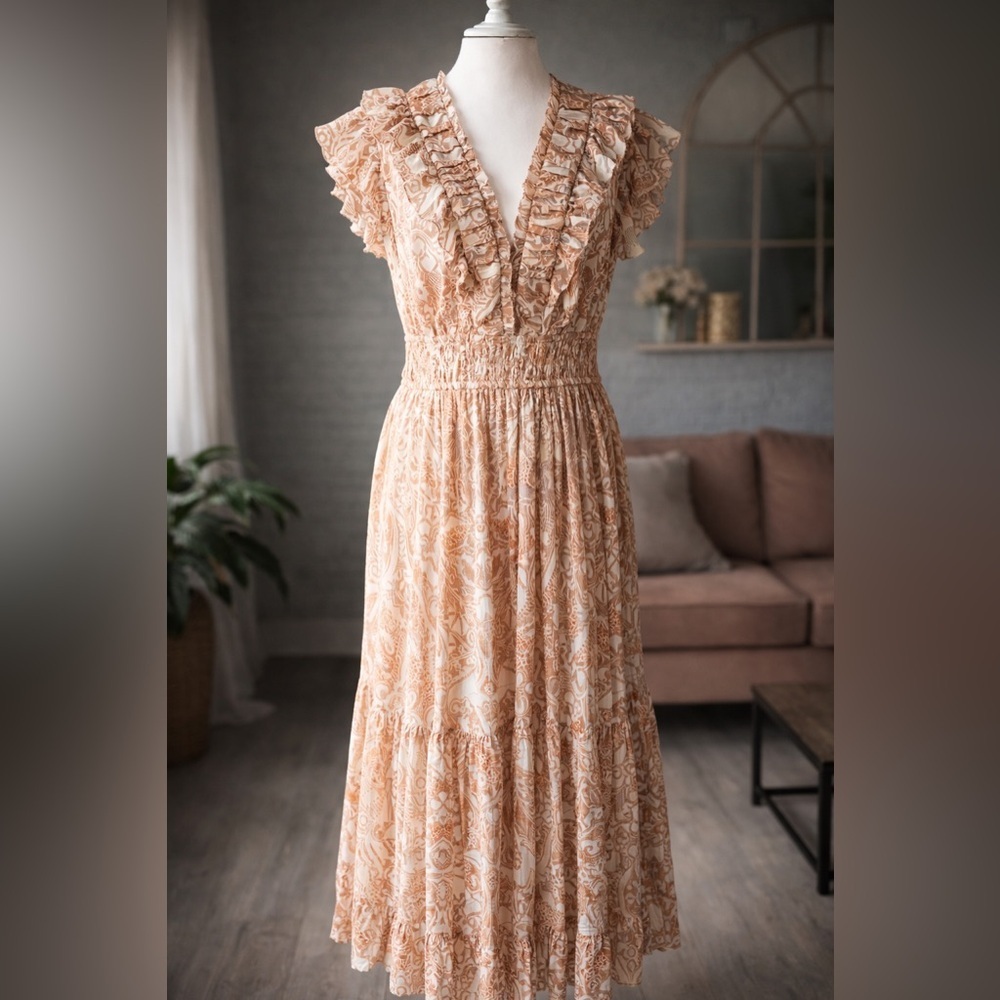 Ulla Johnson Blush Tan Paisley Ruffle Midi Dress - Picture 5 of 15